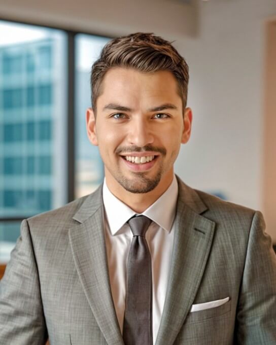 AI generated LinkedIn profile picture of a smiling male in the light brown business suit with his back to the window from Fotor