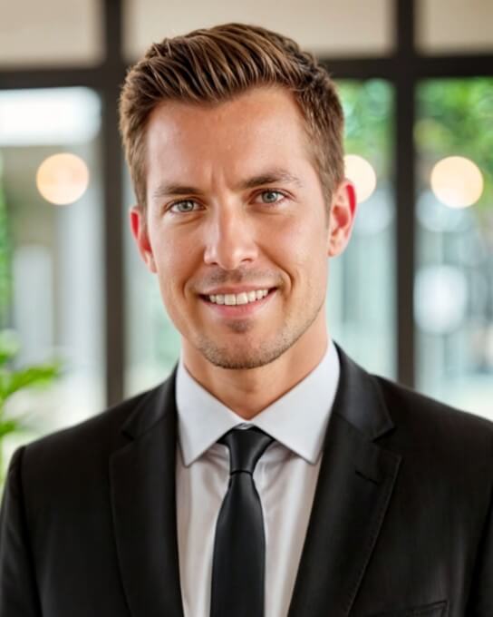 AI generated headshot of a man wearing black and white business suit and tie with his back to the window by Fotor AI LinkedIn photo generator