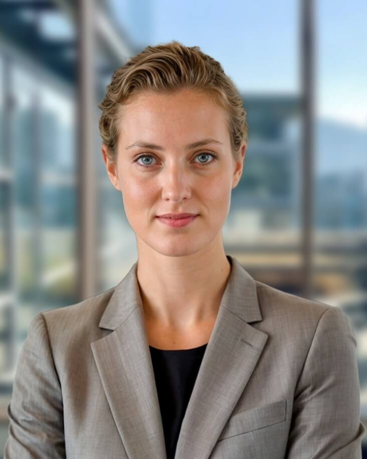headshot of a female in grey business attire standing her back to the builing view window generated by Fotor free AI LinkedIn profile pciture generator