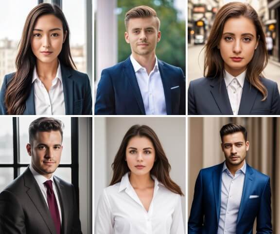 six business headshots with various backgrounds and atires