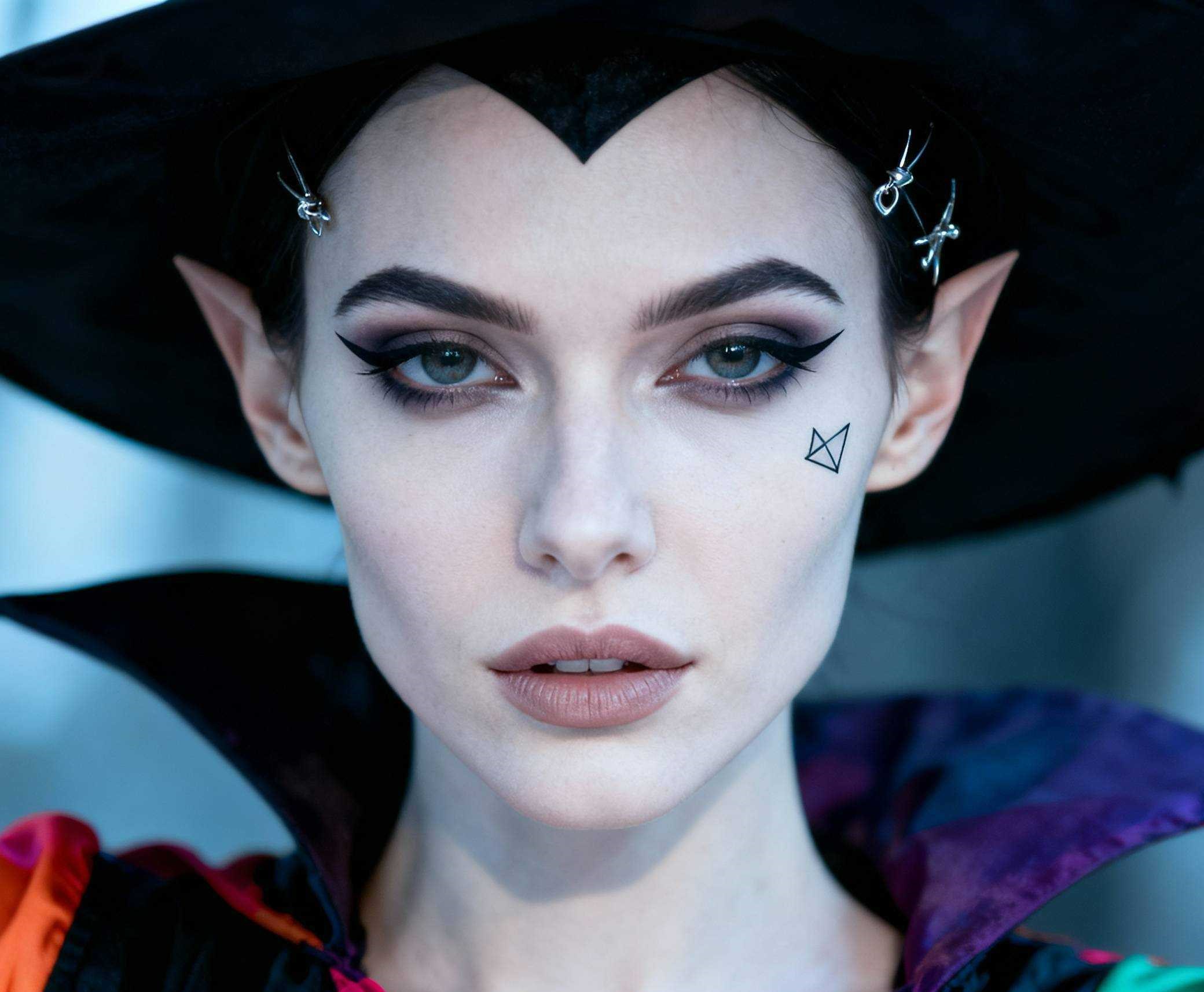 Exemple de maquillage sorcière simple pour Halloween avec un chapeau de sorcière