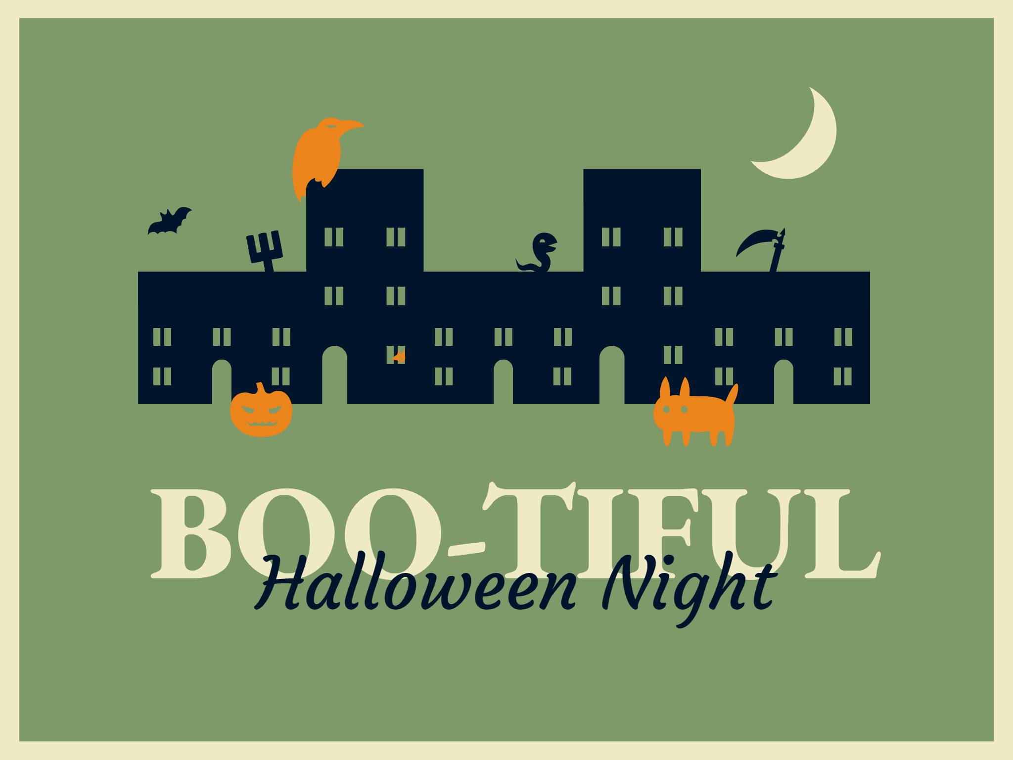 green halloween card with pumpkins and building