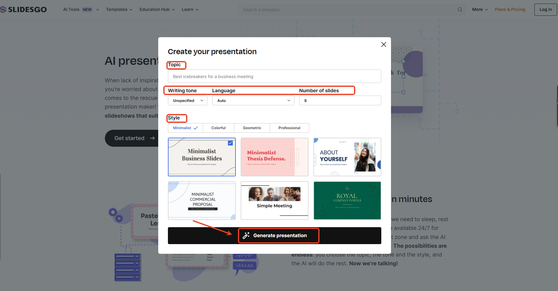 enter text prompts, choose writing tone, language, slide number and choose style, and generate a ppt