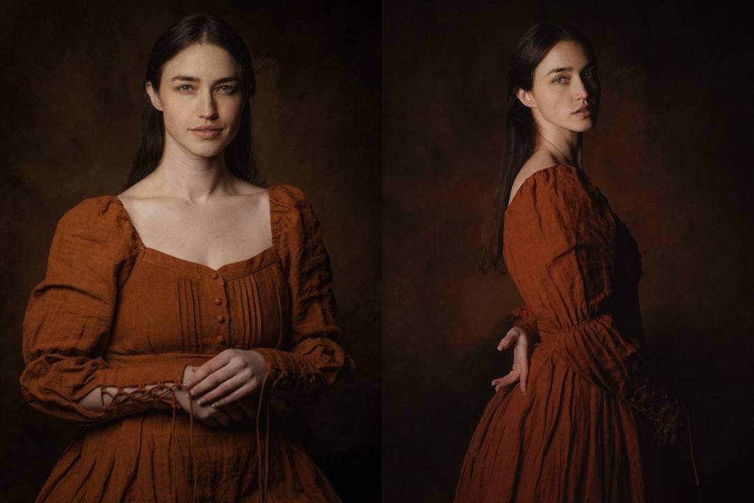 Front and side shots of a girl in a red dress