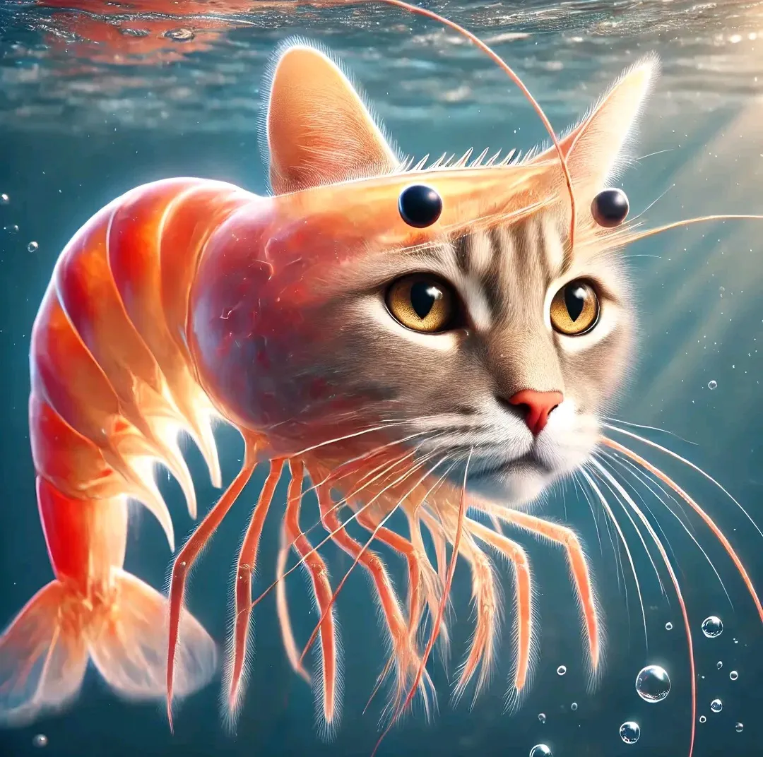 トリッピトロッピエビと猫を組み合わせた画像、または太った熊と魚の画像
