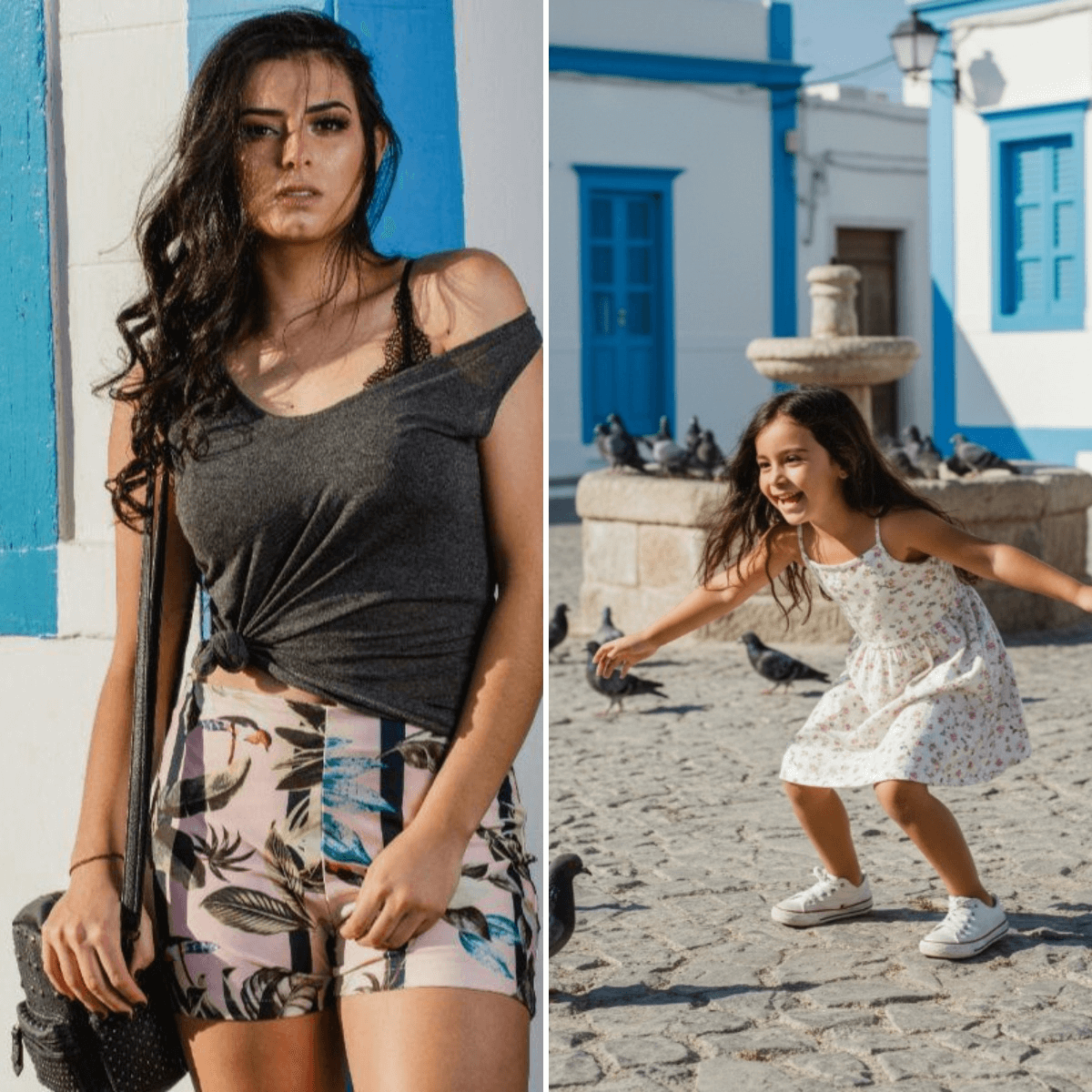 Eine stilvolle Frau im sommerlichen Look und ein Mädchen mit ausgebreiteten Armen