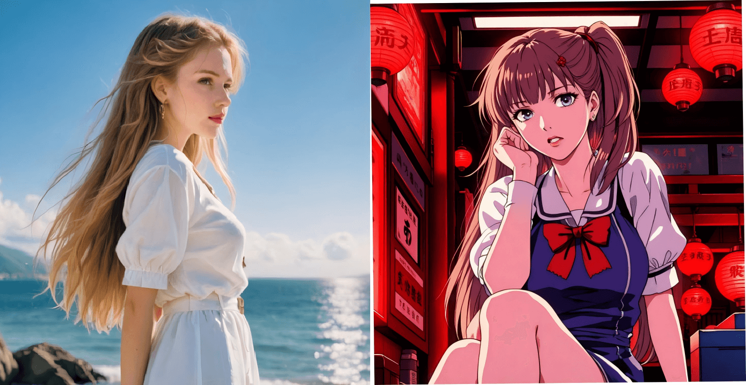 Eine Frau im weißen Kleid und eine Anime-Figur im Cyber-Stil