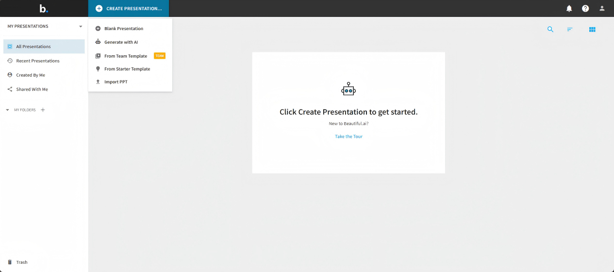 go to create presentation and choose generate with ai in beautiful ai dashboard
