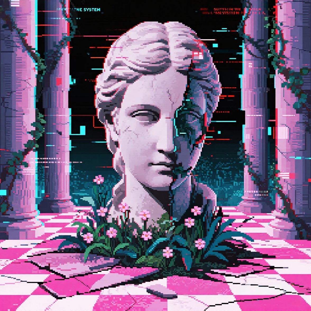 AI glitch style vaporwave female statue album cover