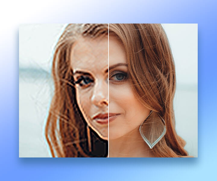 Blurry female portrait before and after photo enhancement using Fotor AI photo editor online
