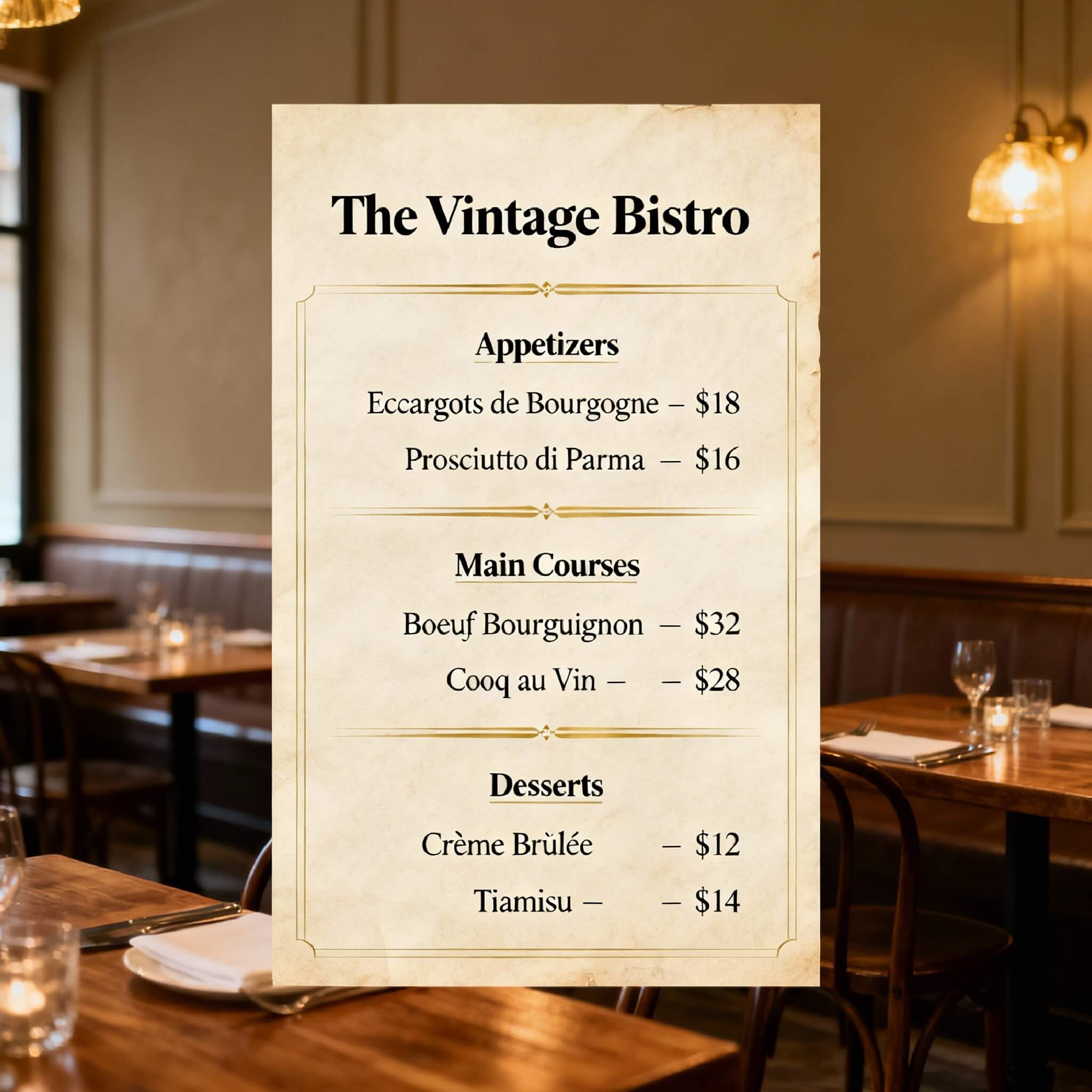Elegant classic style of restaurant menu