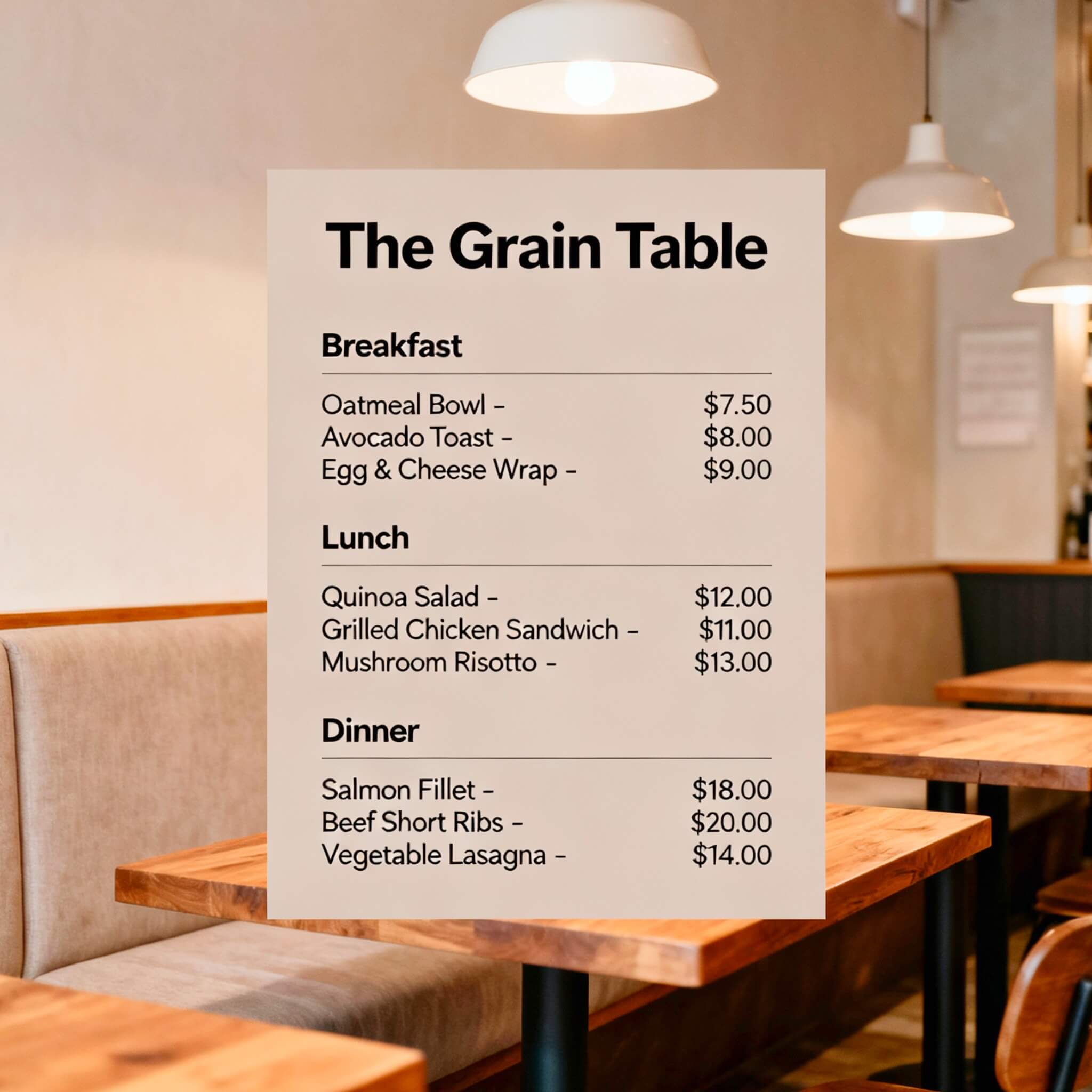 Modern Bistro style of restaurant menu