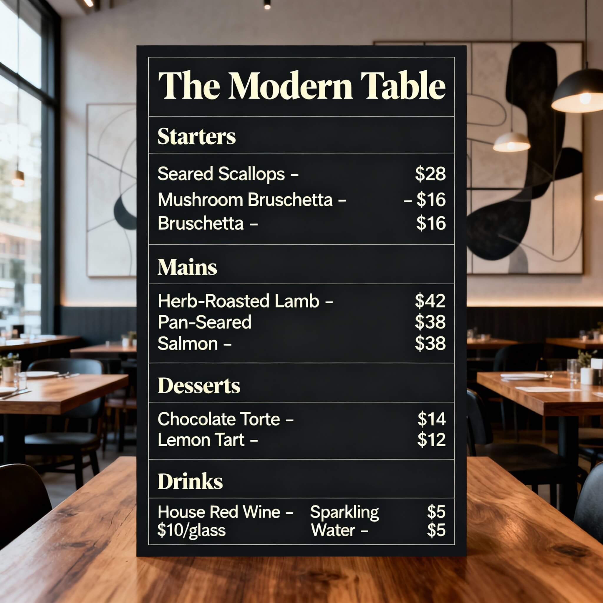 Chich dining theme restaurant menu