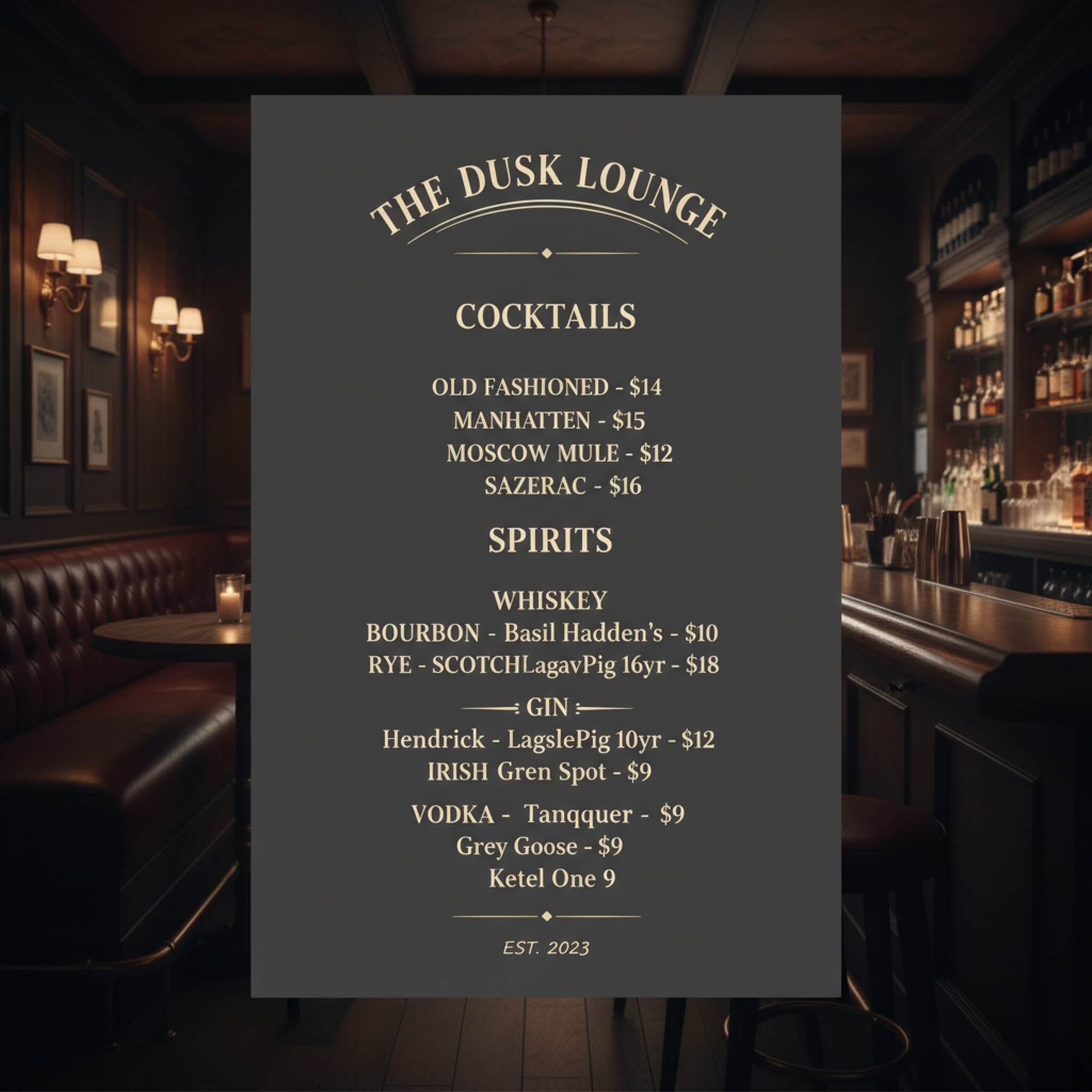 Classic bar theme menu generated with fotor ai menu generator