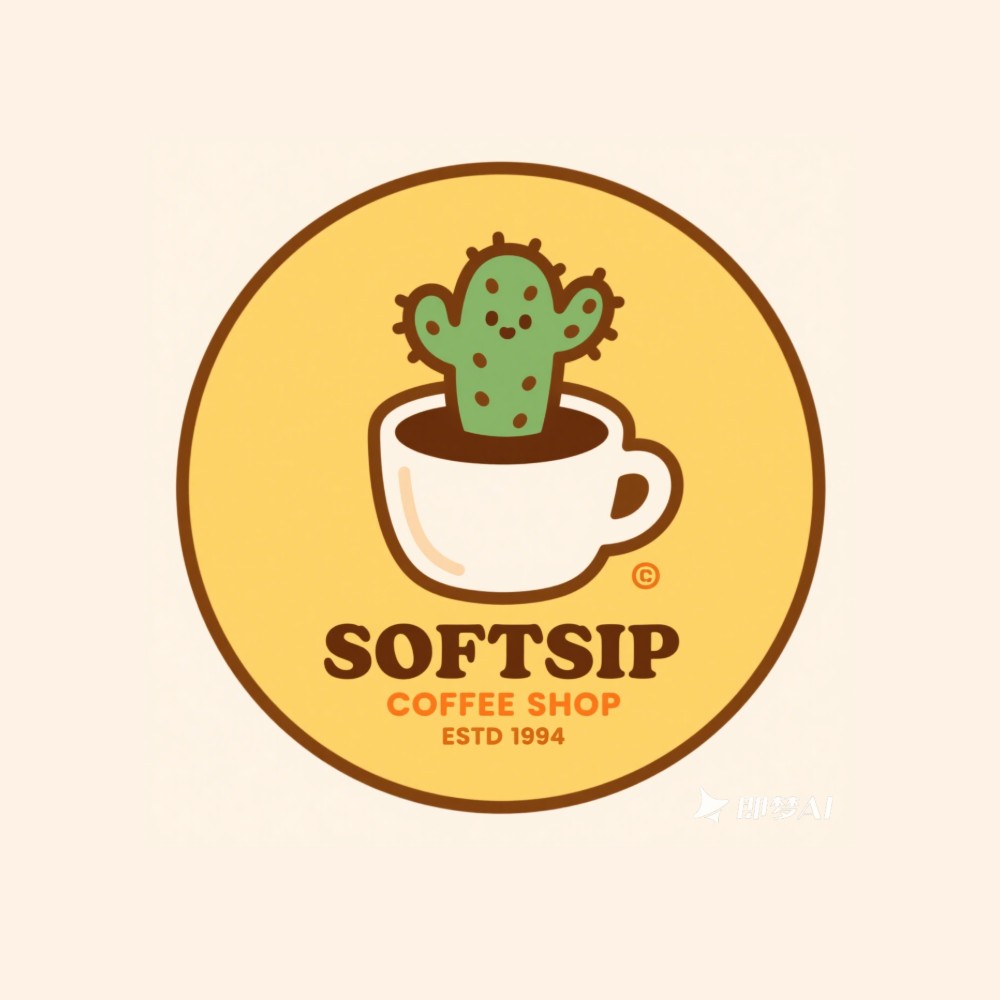 Cute cactus in coffee cup logo with retro typography softsip and warm colors