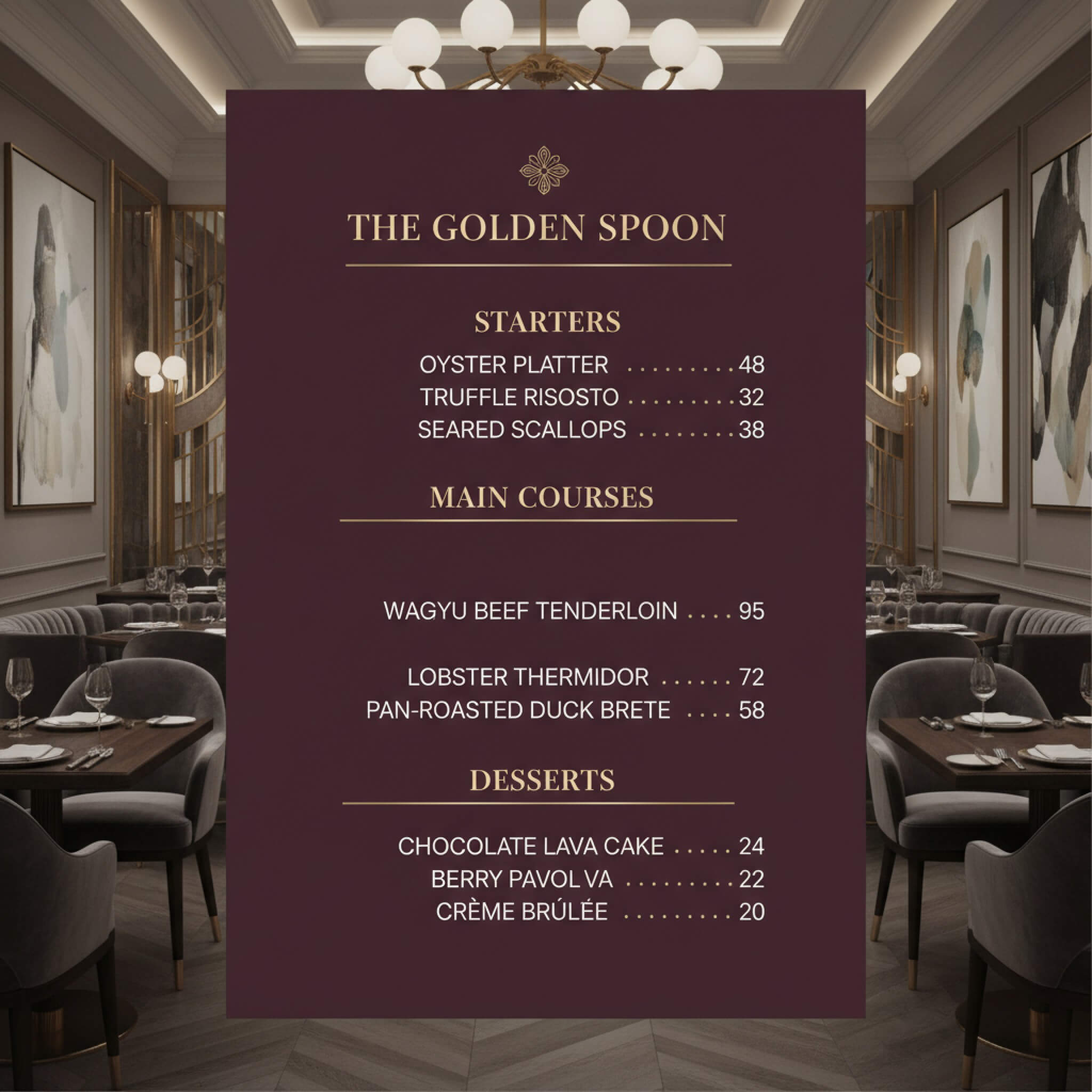Fine luxury style of restaurant menu