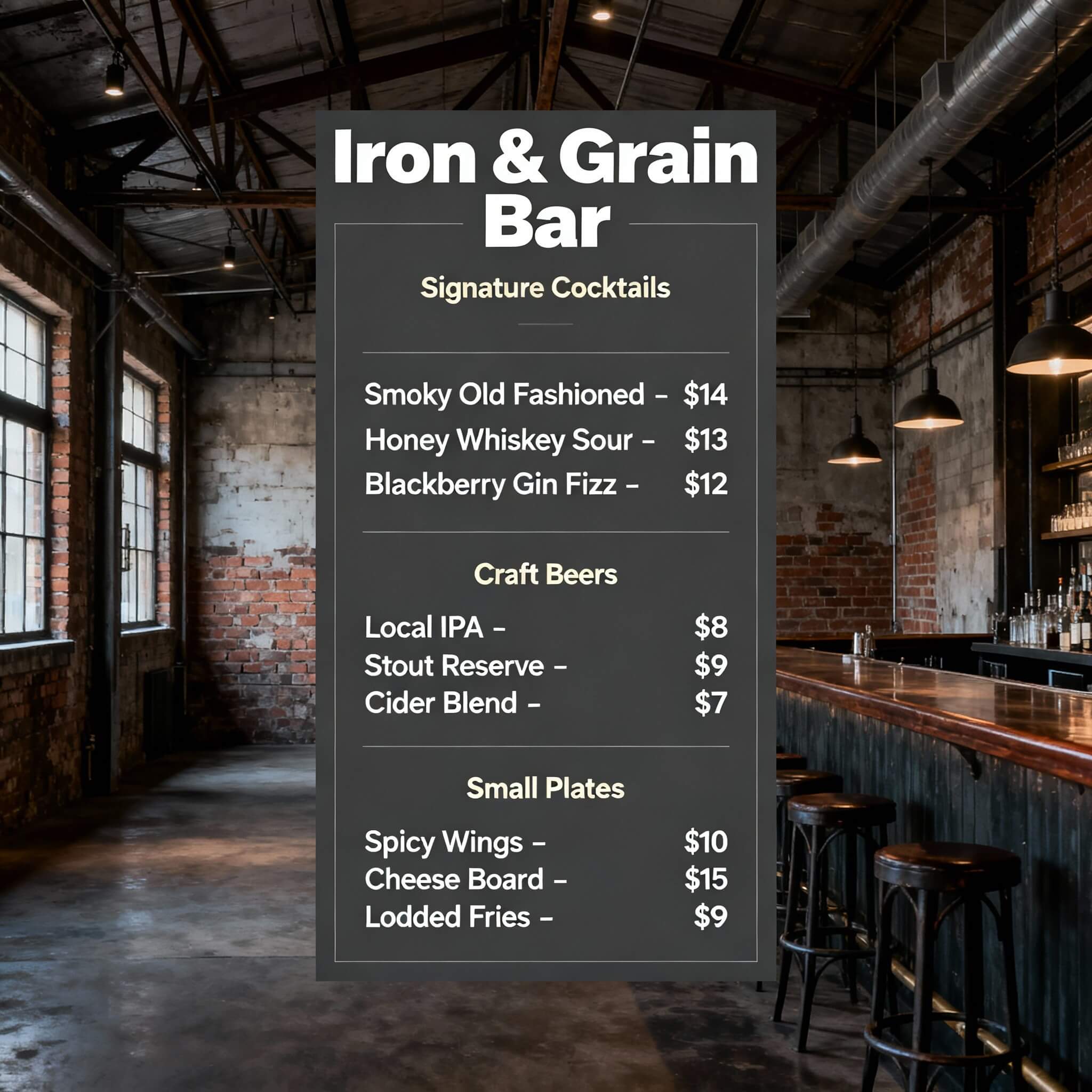 Industrial bar theme menu generated with fotor ai menu generator