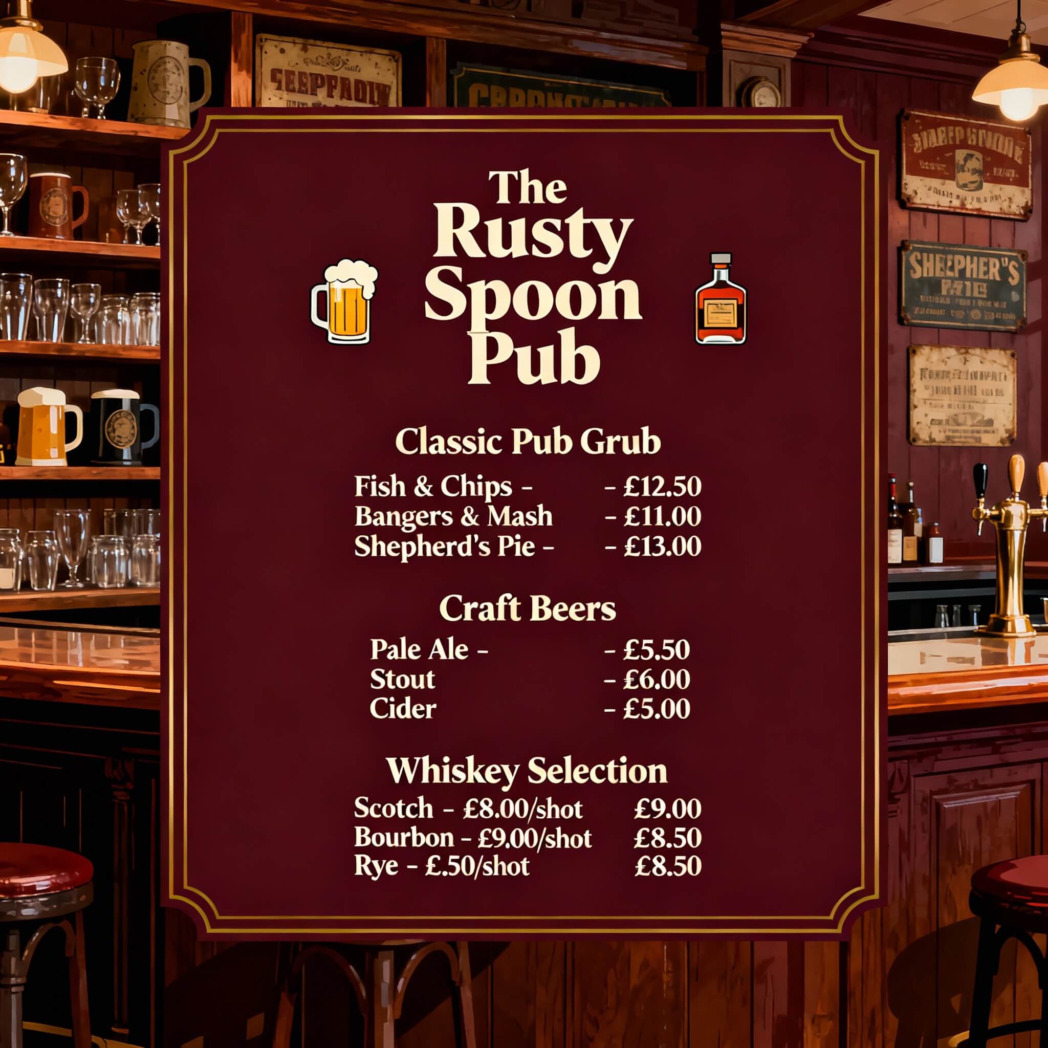 Retro pub theme menu generated with fotor ai menu generator