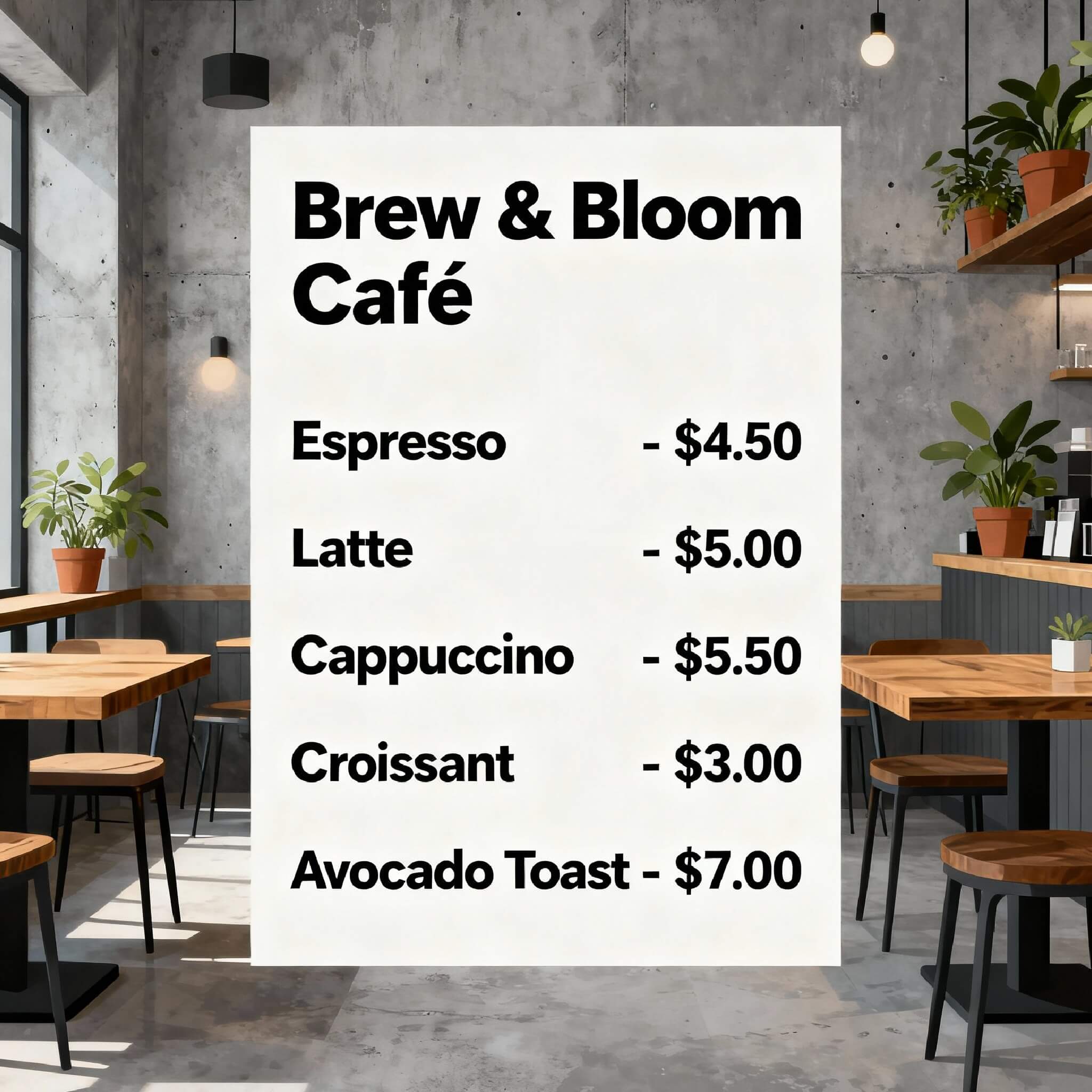 Urban cafe theme menu generated with fotor ai menu generator
