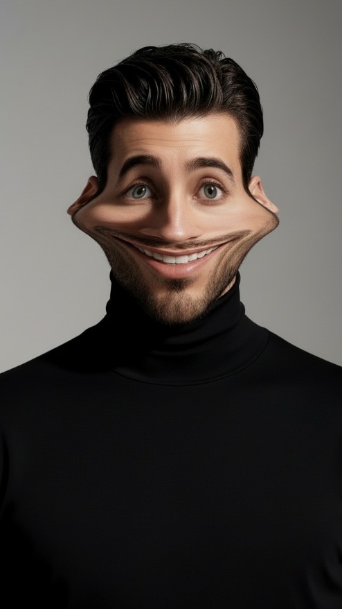 Wide face stretch funny face effect for a man