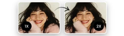 Image bannière pour téléphone montrant la fonction agrandir une image sans perte de qualité en ligne gratuitement pour une femme souriante
