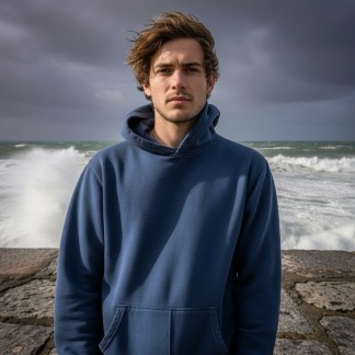 Image montrant un homme portant un sweat à capuche bleu foncé