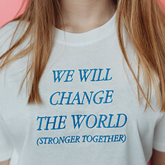 White tshirt with blue text sample image 1