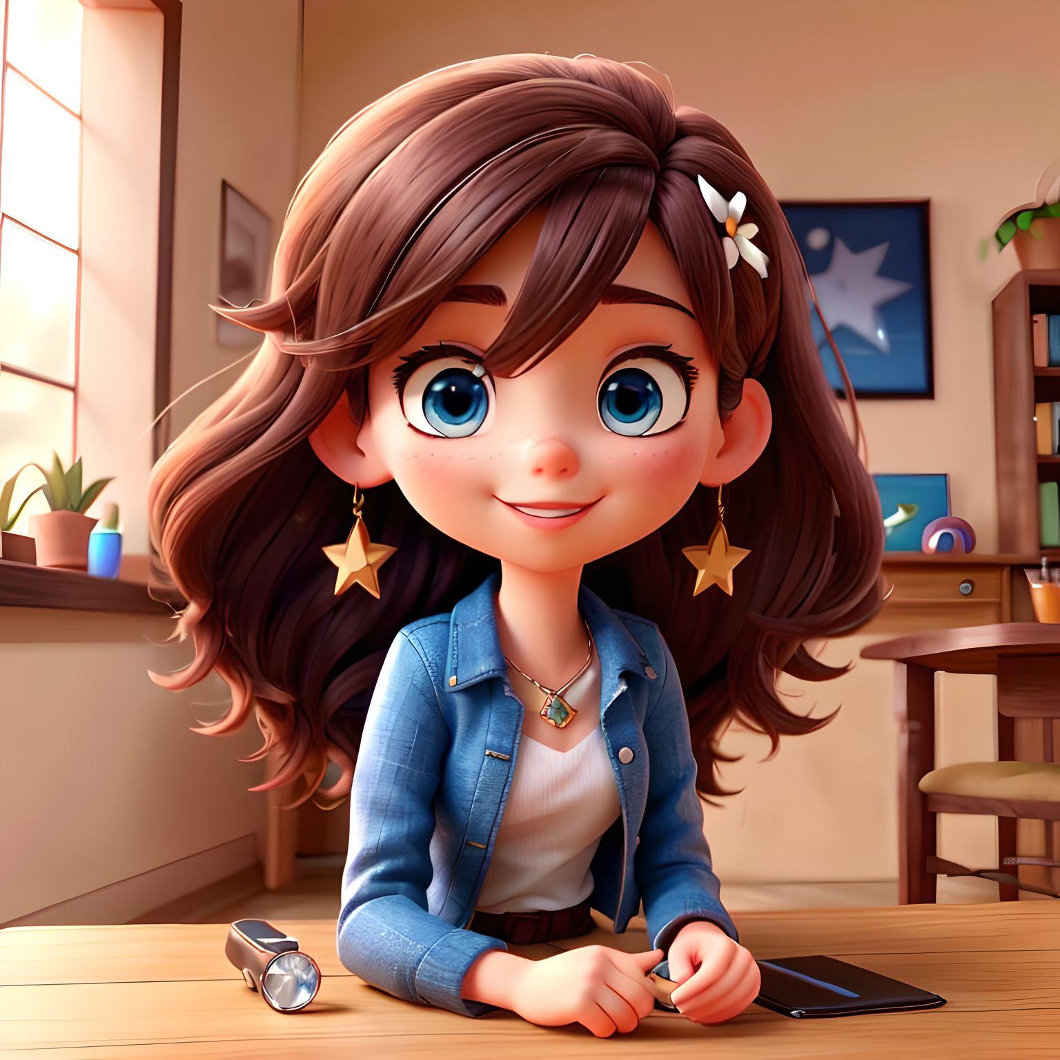 3D漫画スタイル テーブルの横に座っている長い髪の青い目の女の子1人