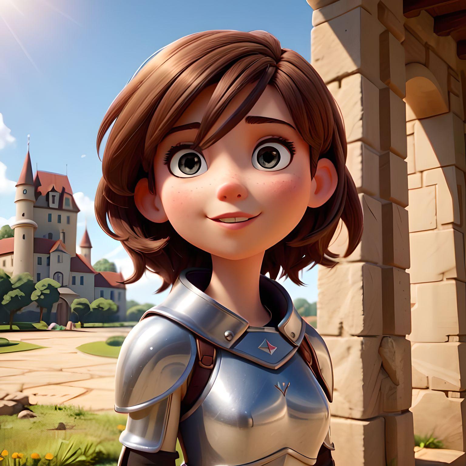 3D漫画スタイルの3D肖像画、中世の鎧、金属の反射を持つ少女