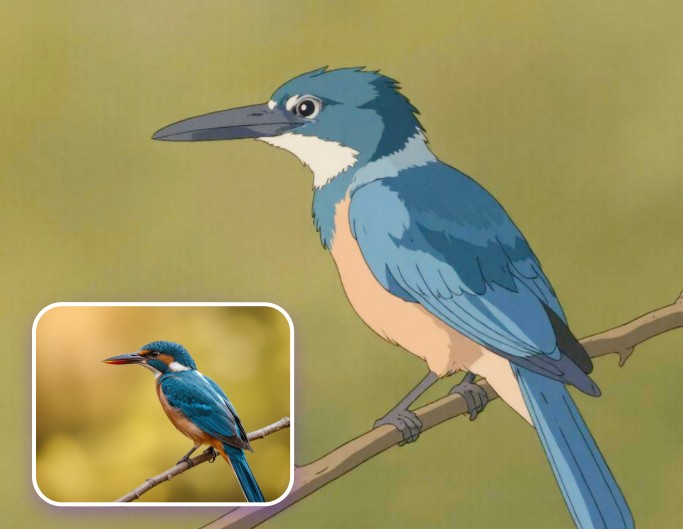 Before and after image of a blue bird reimagined in Ghibli art style