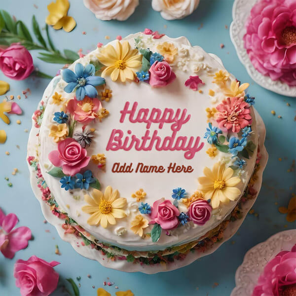Classy Flower Birthday Cake With Name to Edit