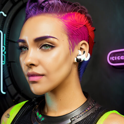 Cool purple haired female AI selfie for gaming