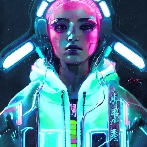 Fotor AI yüz oluşturucu tarafından yapılan Cyberpunk kadın portre resmi