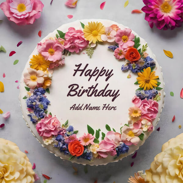 Elegant Floral Birthday Cake With Name to Edit