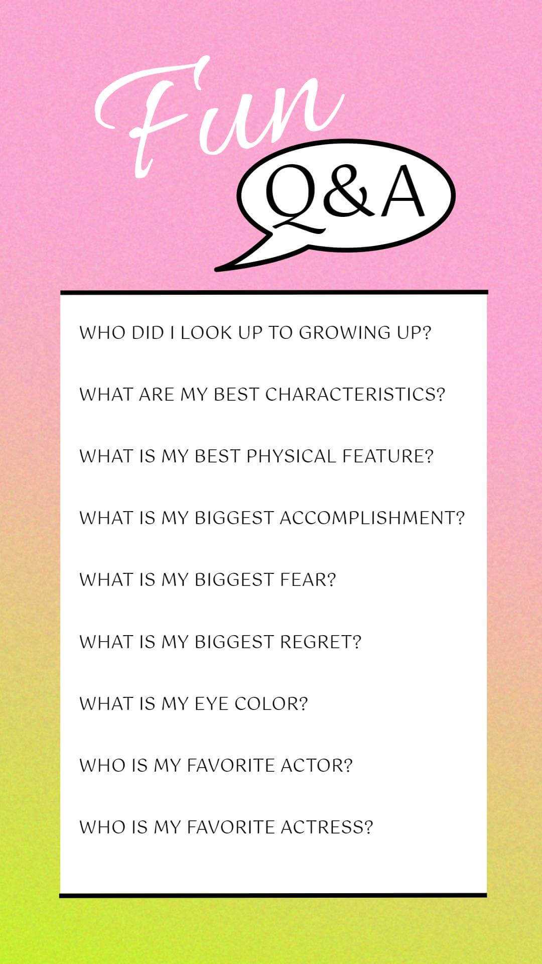 Elenco di domande di Pink Get To Know Me Storia di Instagram