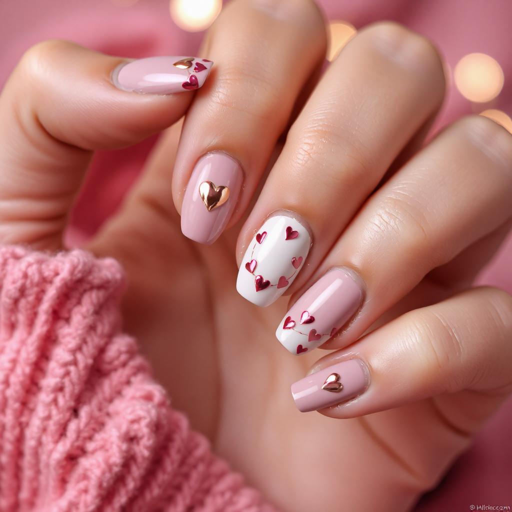 Pink Heart Themed Nails