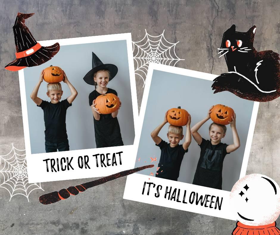 Plantilla de publicación de Facebook de feliz Halloween niños amigos collage