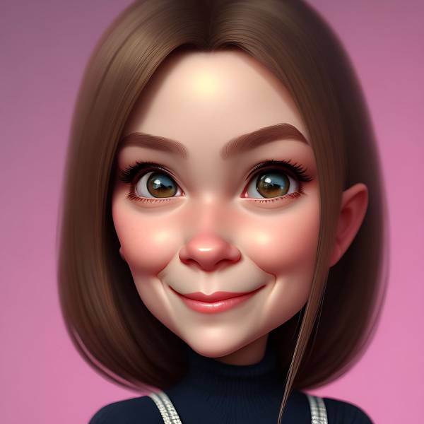 Une caricature d’une femme aux cheveux courts sur un fond rose