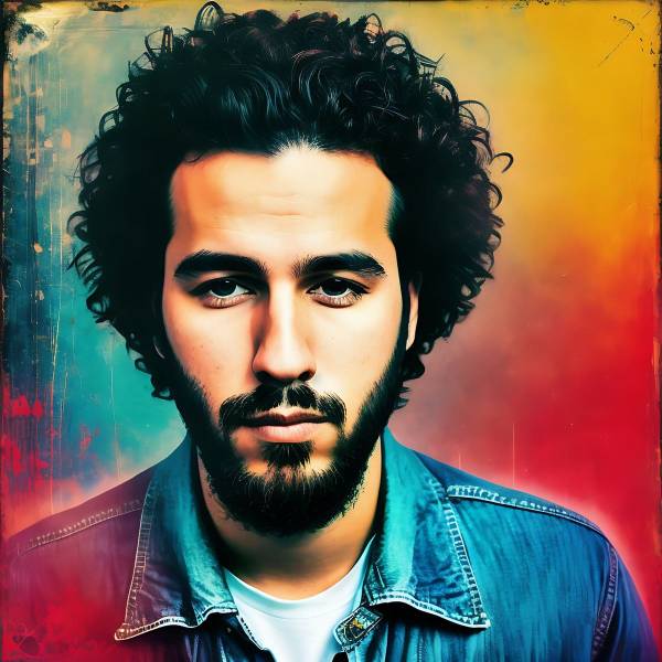 Une pochette d’album représentant un homme aux cheveux bouclés, créée par le générateur de pochette d’album IA