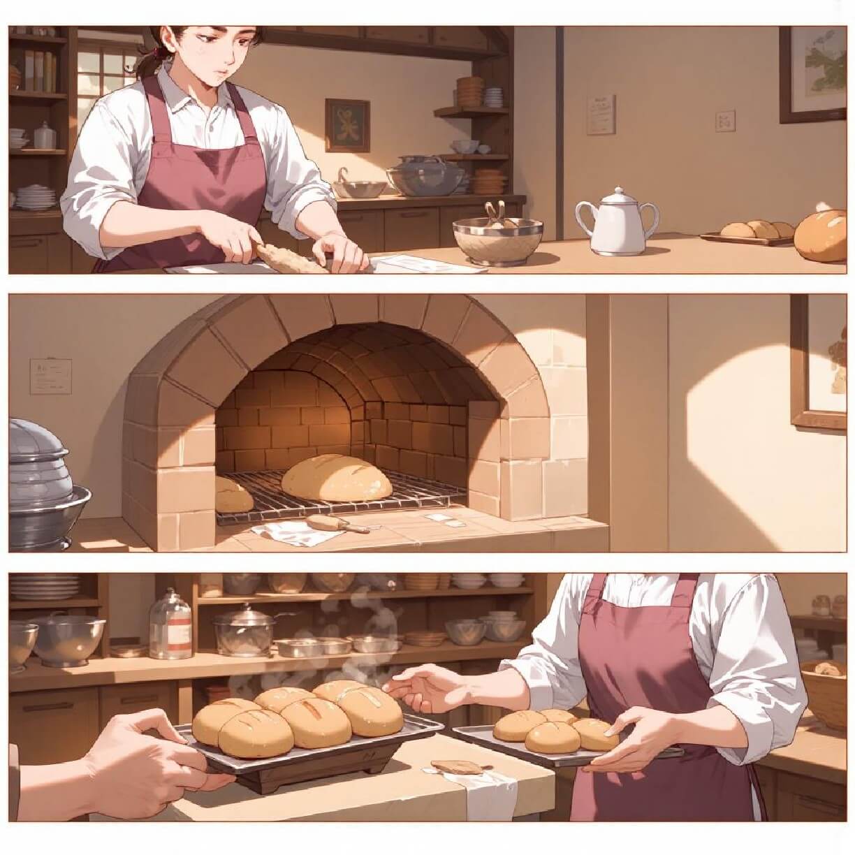 A three panel cartoon style illustration of a bakery