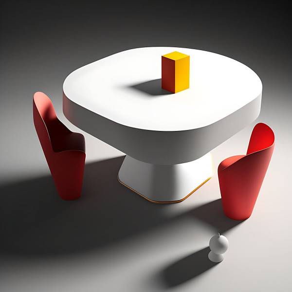 A white table and two red chairs made by ai 3D image generator