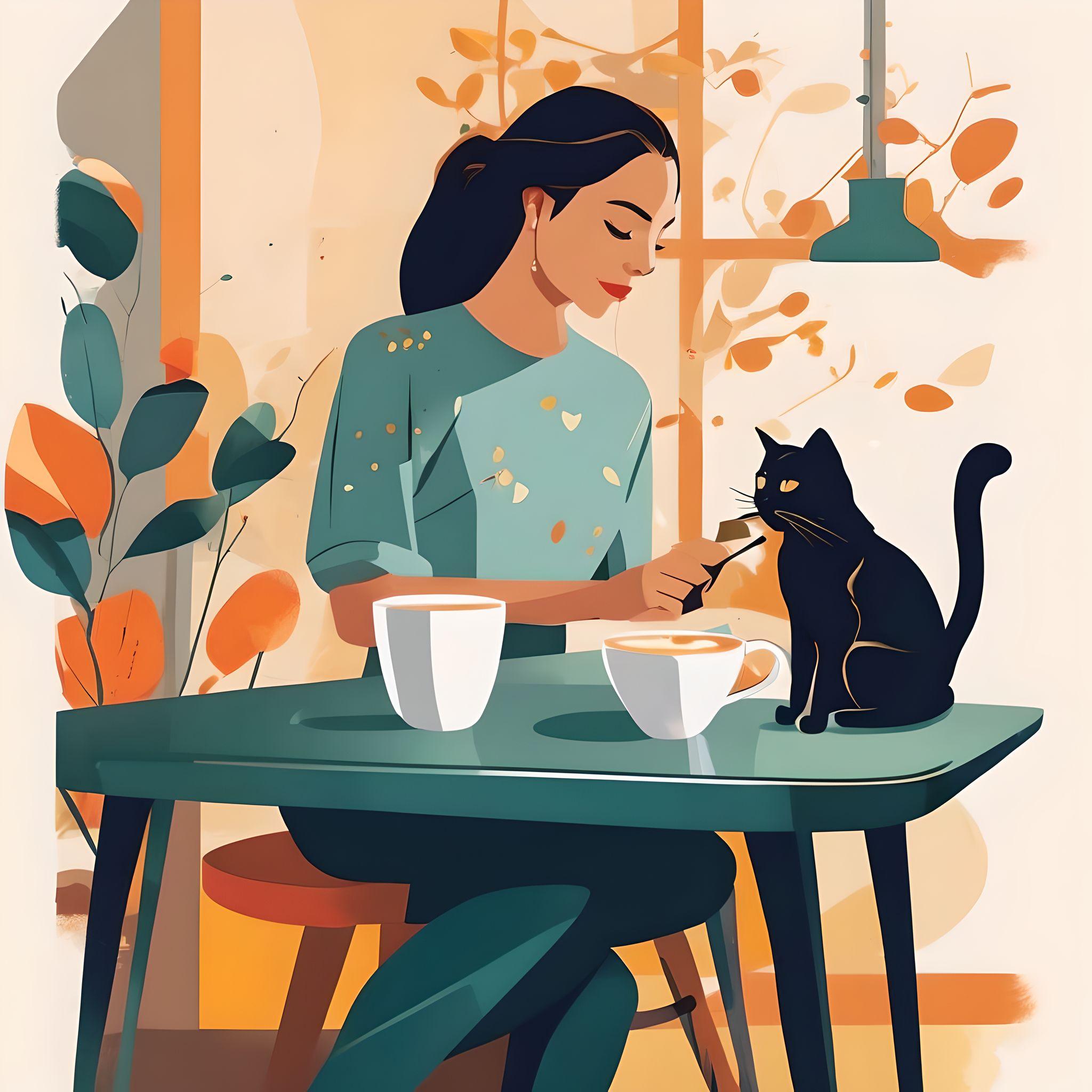 猫とコーヒーカップを前にテーブルに座っている女性