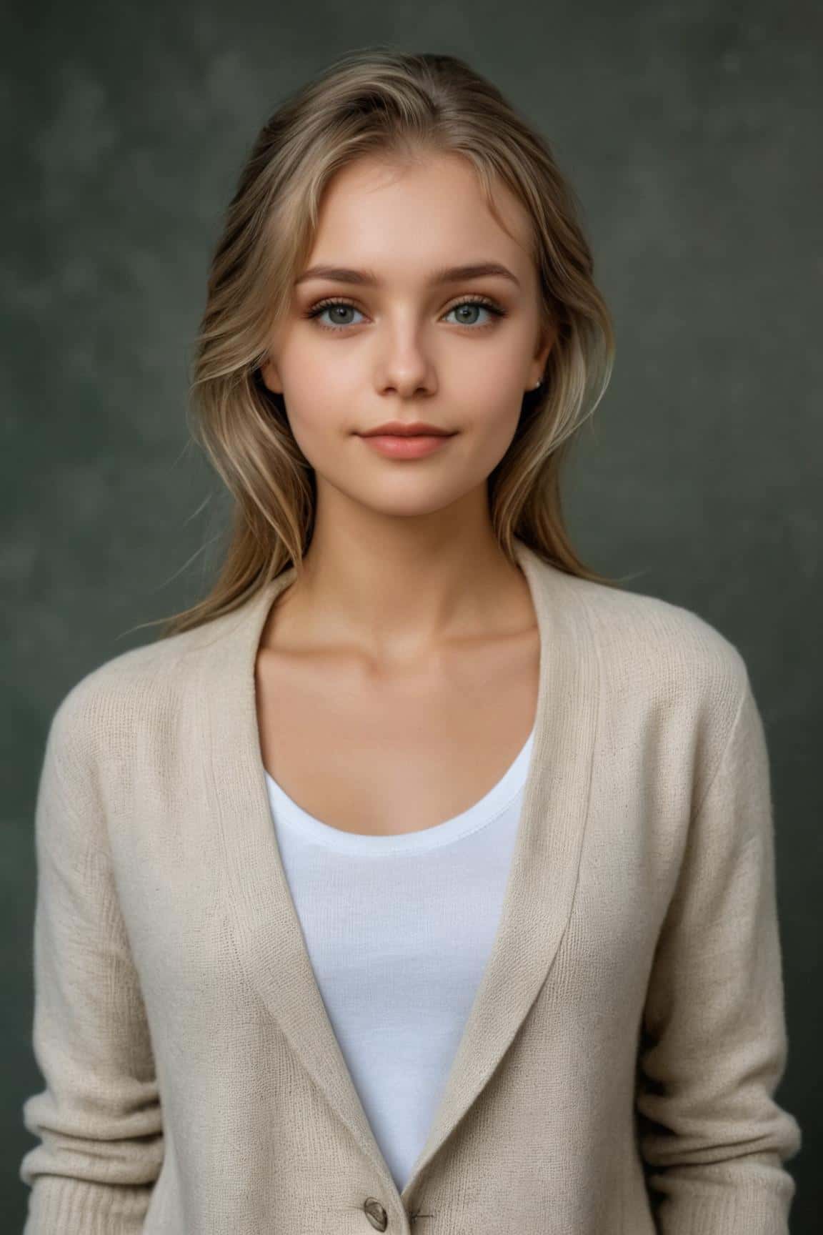 Photo de profil décontractée et élégante générée par l'IA pour une femme en pull beige