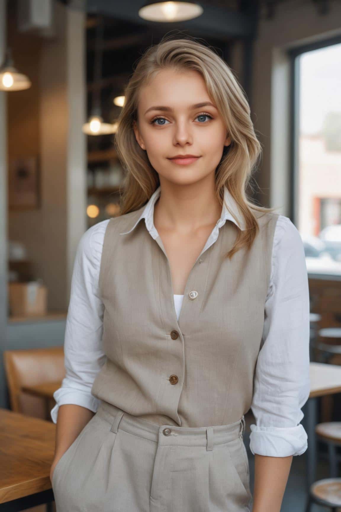 Photo de profil décontractée générée par l'IA pour une femme en gilet beige