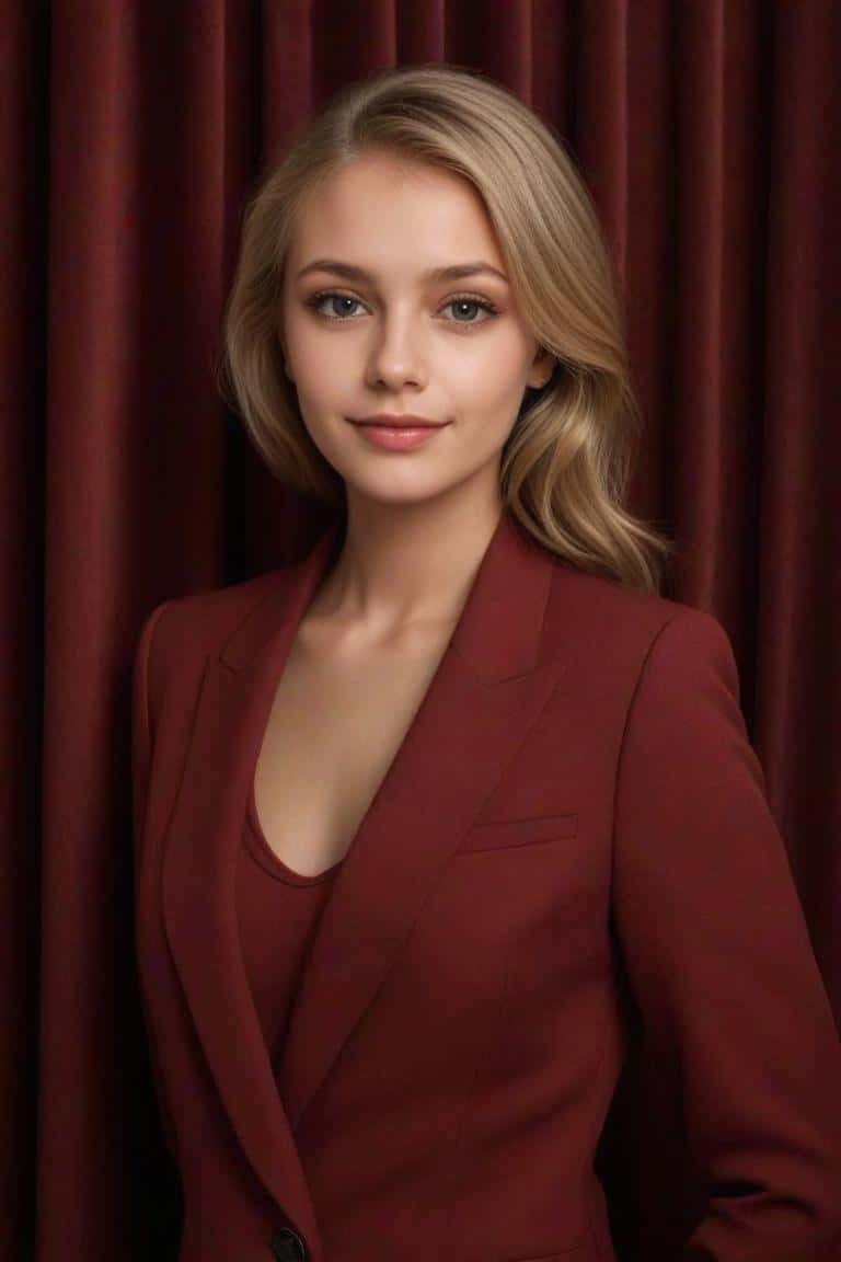 Photo de profil décontractée générée par l'IA pour une femme en costume rouge