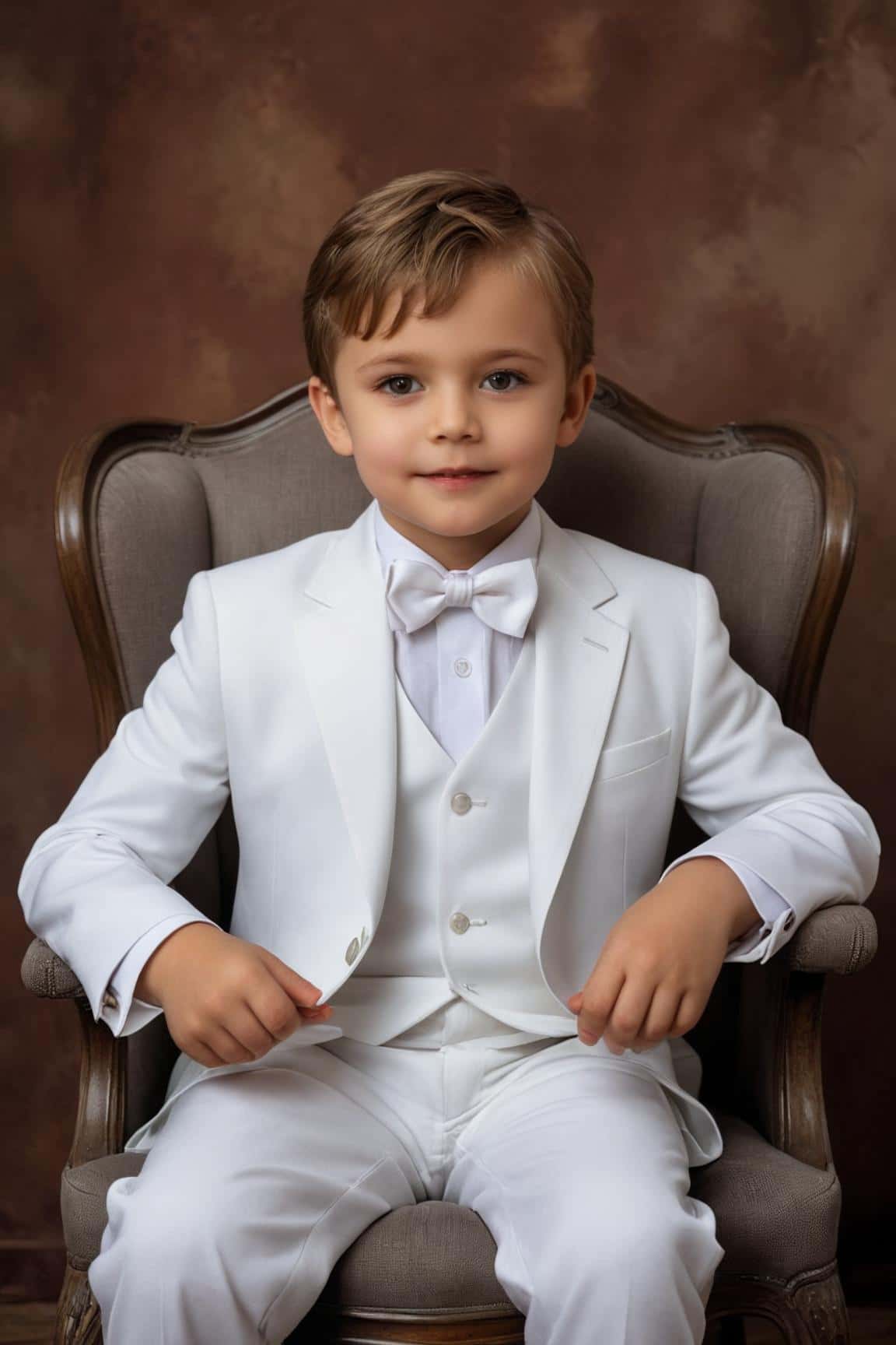 Retrato generado por IA de un niño con traje blanco