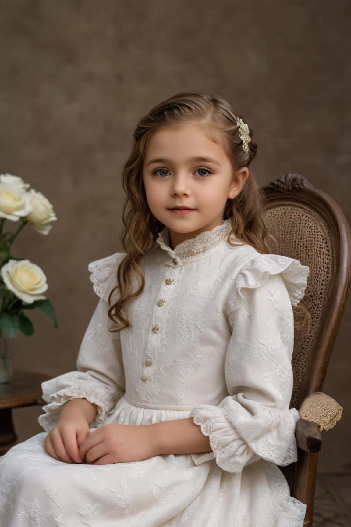Retrato generado por IA de una niña con traje blanco