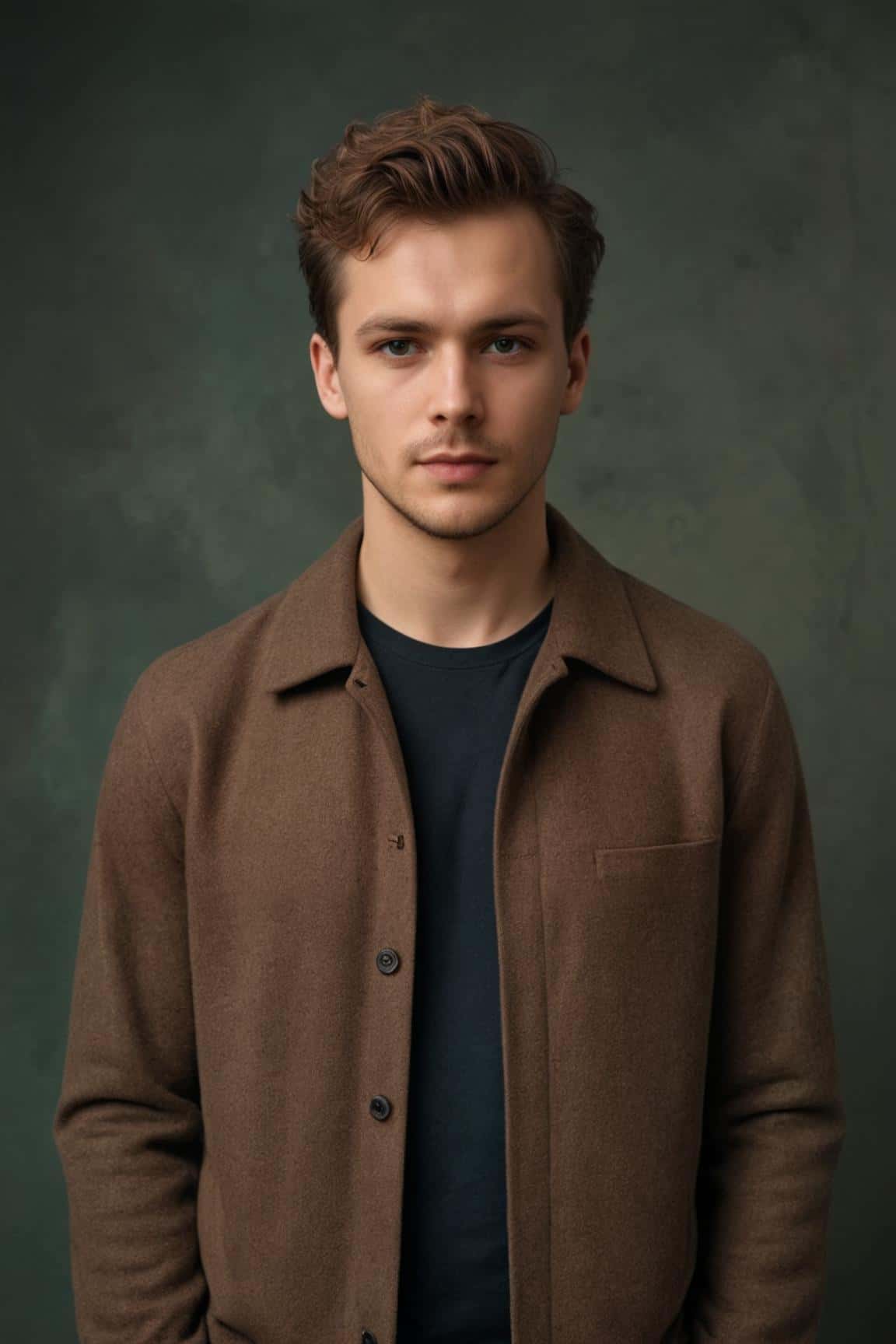 Photo de profil générée par l'IA pour un homme en veste marron à l'intérieur