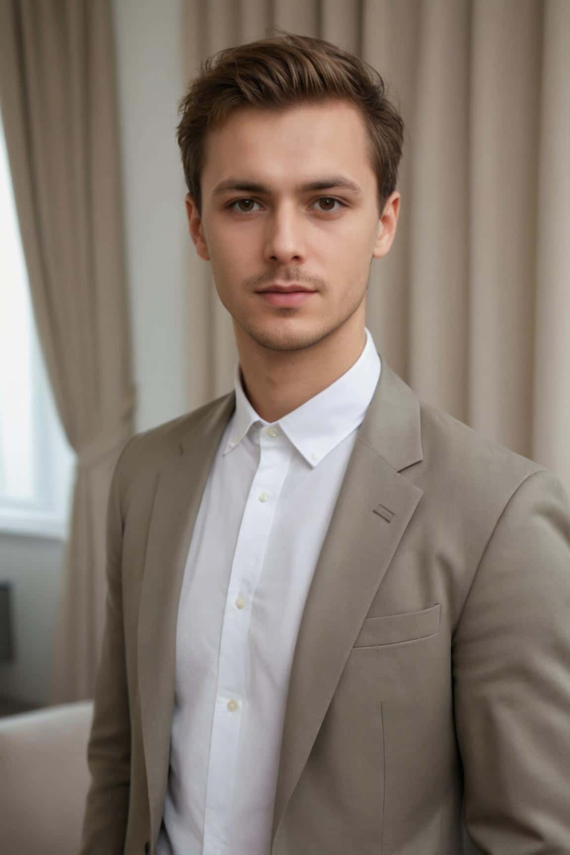 Photo intérieure générée par l'IA pour un homme portant un costume beige