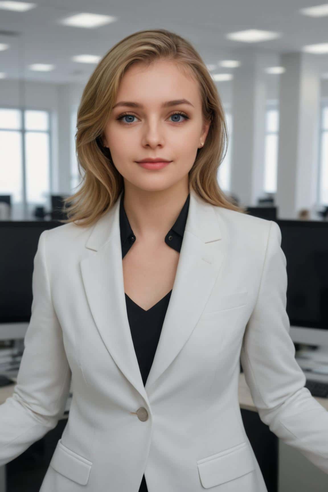 Photo d'intérieur générée par l'IA pour une femme portant un costume blanc